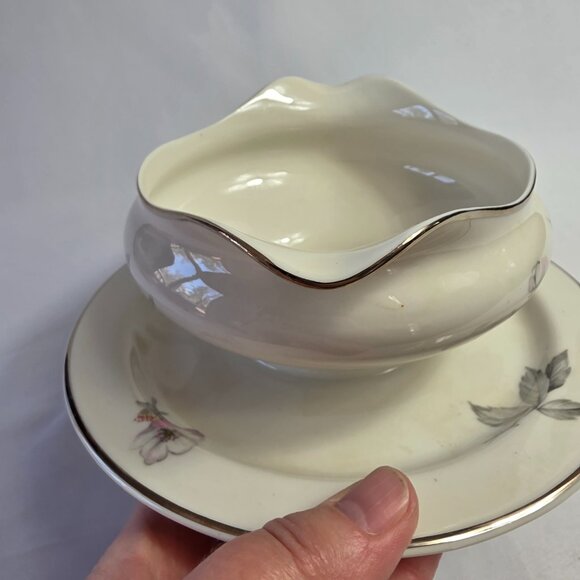 Manor House Spring Glory Gravy Boat & Underplate Pink & White Floral Gray Leaves - Picture 11 of 16